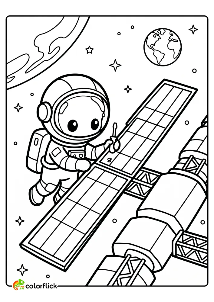 A free printable coloring sheet of a cute Chibi astronaut using a small screwdriver to fix a long rectangular solar panel on a space station in outer space.