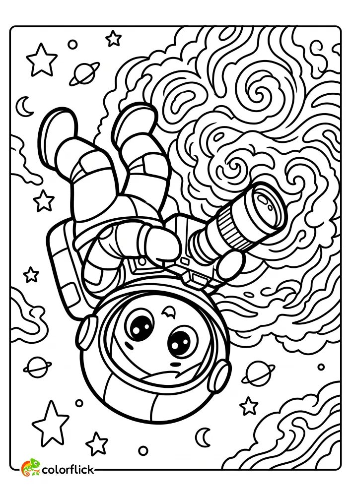 A cute, chibi-style astronaut floating upside down in space among stars and nebulas, holding a camera with a large lens to take a photo, a printable coloring page for kids.