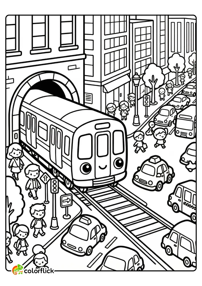 A cute smiling subway train emerging from a tunnel onto a busy city street with pedestrians and taxis, as a printable coloring page for kids.