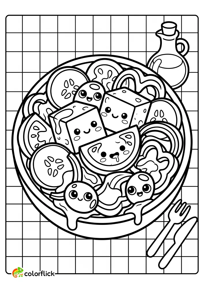 A friendly-faced bowl of Greek salad with large cubes of feta cheese, pitted black olives, and juicy tomato wedges on a checkered tablecloth, printable coloring page for kids.