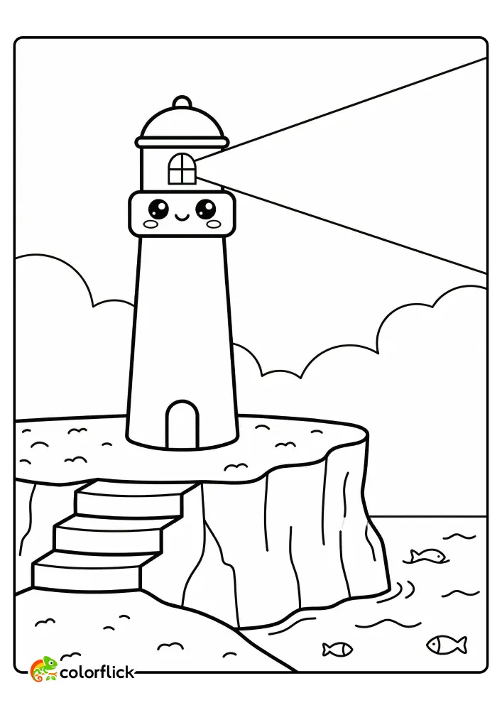 Simple printable coloring page for kids featuring a cute cartoon lighthouse with a heart flag on a cliff above the sea.