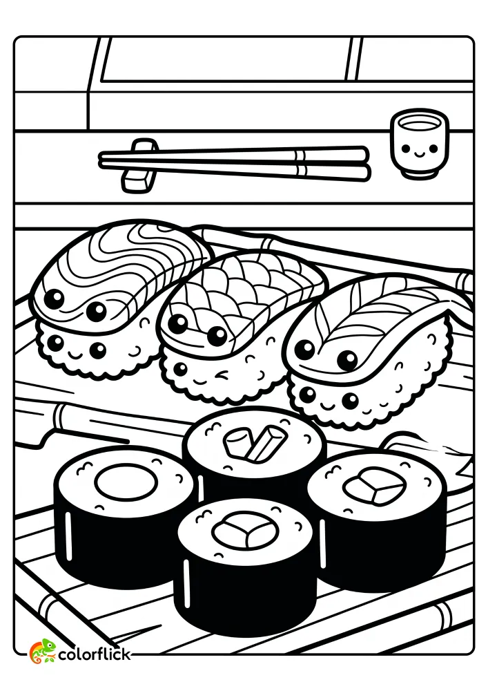A cute close-up of different types of sushi, including nigiri with happy faces on a mat and maki rolls with cute expressions and vegetable centers, printable coloring page for kids.