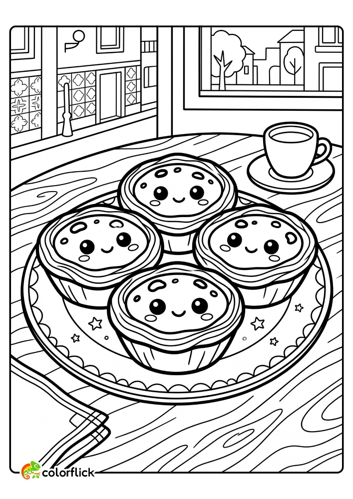 A free printable coloring sheet featuring four adorable Portuguese egg tarts with faces on a plate, sitting in a café with a window view and a coffee cup, perfect for a printable coloring page for kids.