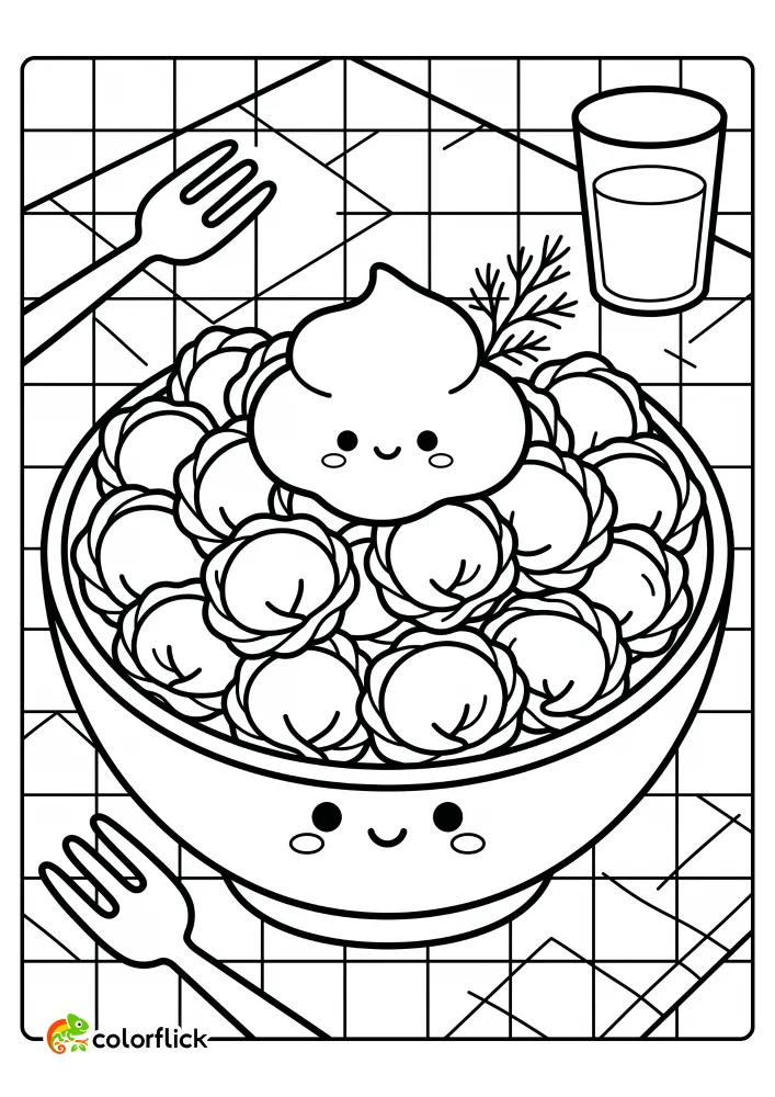 A cute printable coloring page for kids showing a smiling bowl filled with Russian pelmeni dumplings, topped with a dollop of sour cream and a sprig of dill.