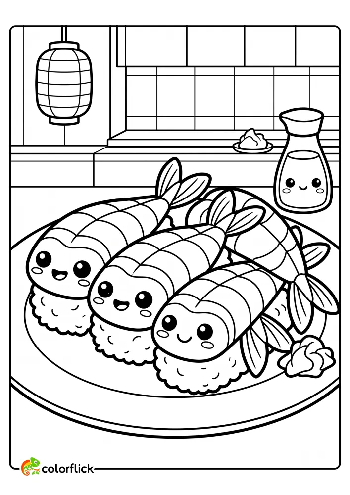 Smiling ebi nigiri shrimp sushi pieces on a plate with soy sauce and ginger in a restaurant, a free printable coloring sheet for kids.