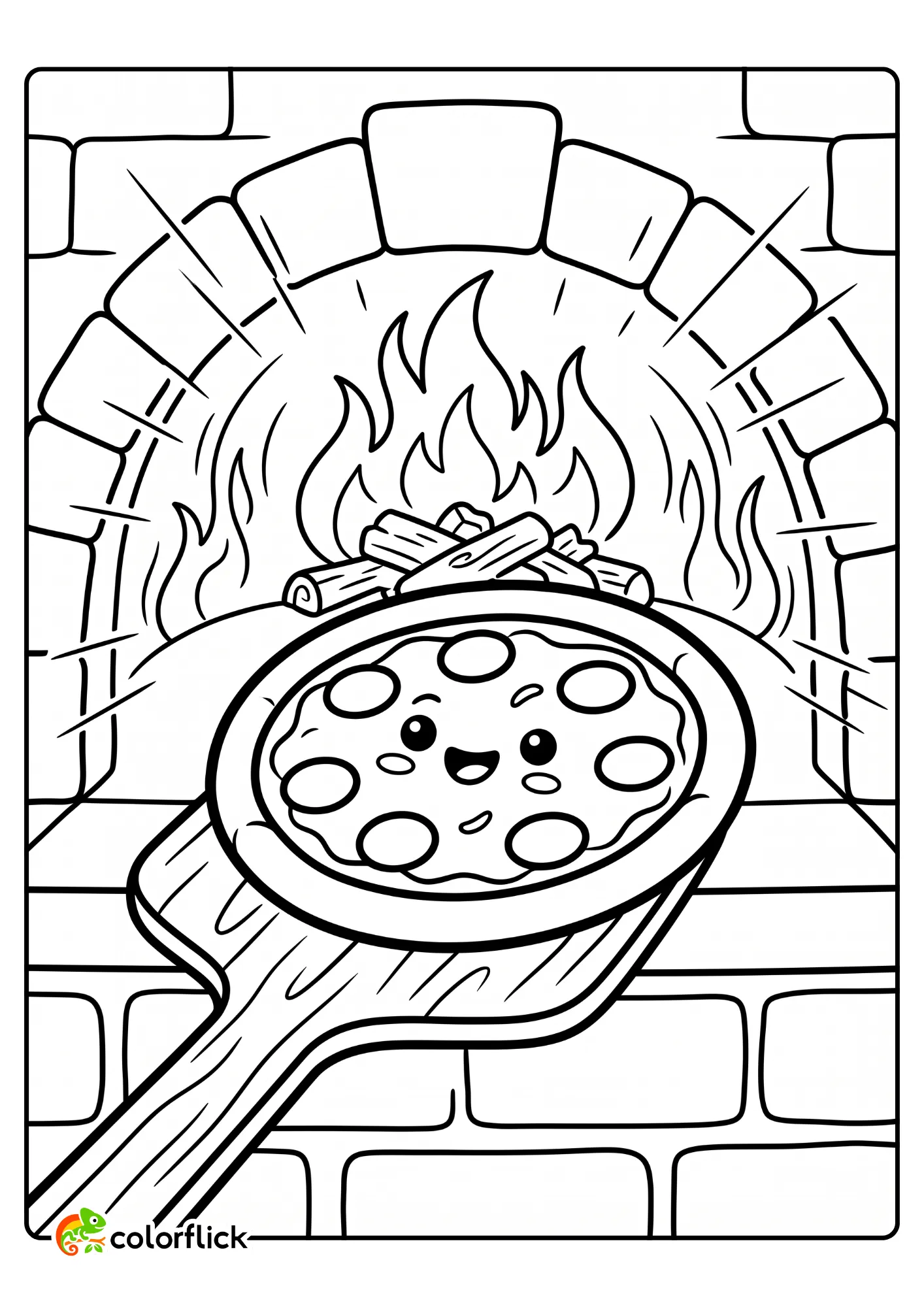 Cute smiling pizza on a wooden peel being baked in a brick oven with flames and logs, a printable coloring page for kids.