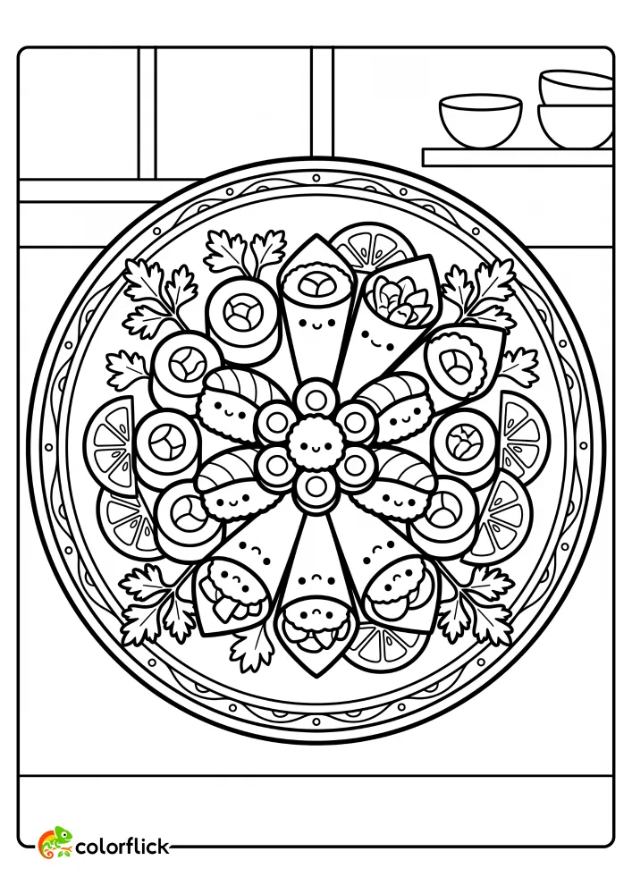 Cute smiling sushi pieces arranged as a beautiful flower on a decorative platter with lemons and parsley, designed as a printable coloring sheet for preschoolers.
