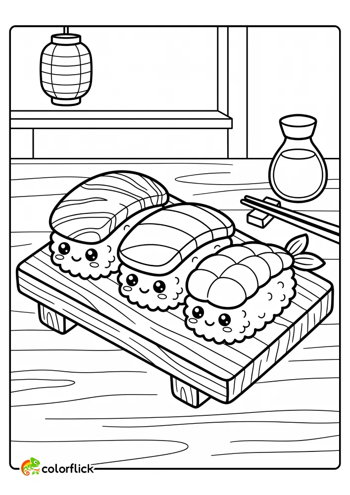 Cute smiling sushi on a wooden platter with chopsticks and soy sauce bottle, printable coloring page for kids.