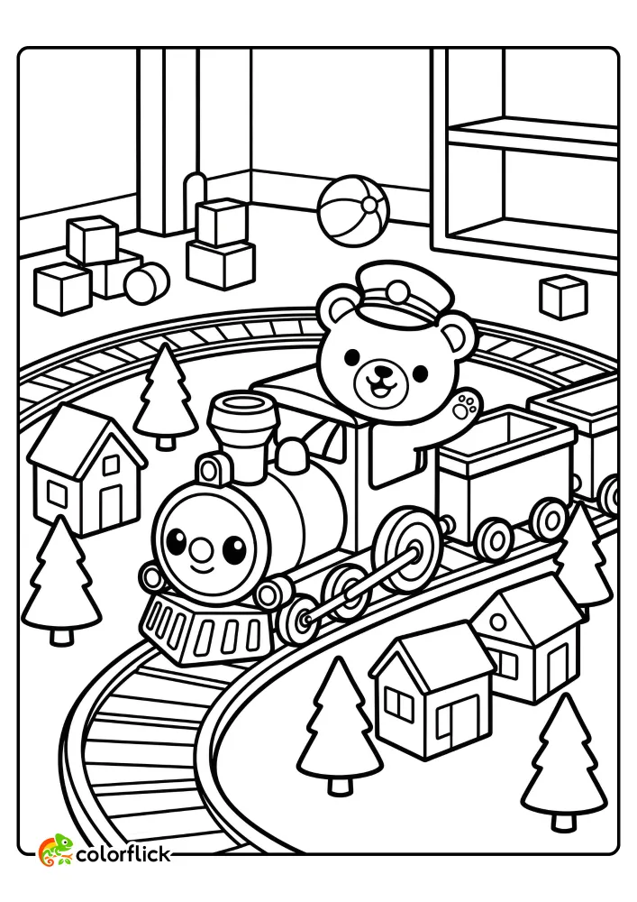 Cute teddy bear conductor on a whimsical toy train moving through a toy town in a bedroom, a printable coloring page for kids.