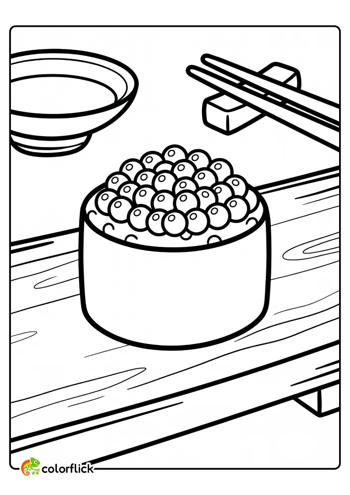 A close-up view of a single piece of ikura salmon roe gunkan-maki sushi with many tiny eggs, sitting on a wooden platter with a soy sauce bowl and chopsticks, available as a printable coloring page for kids.