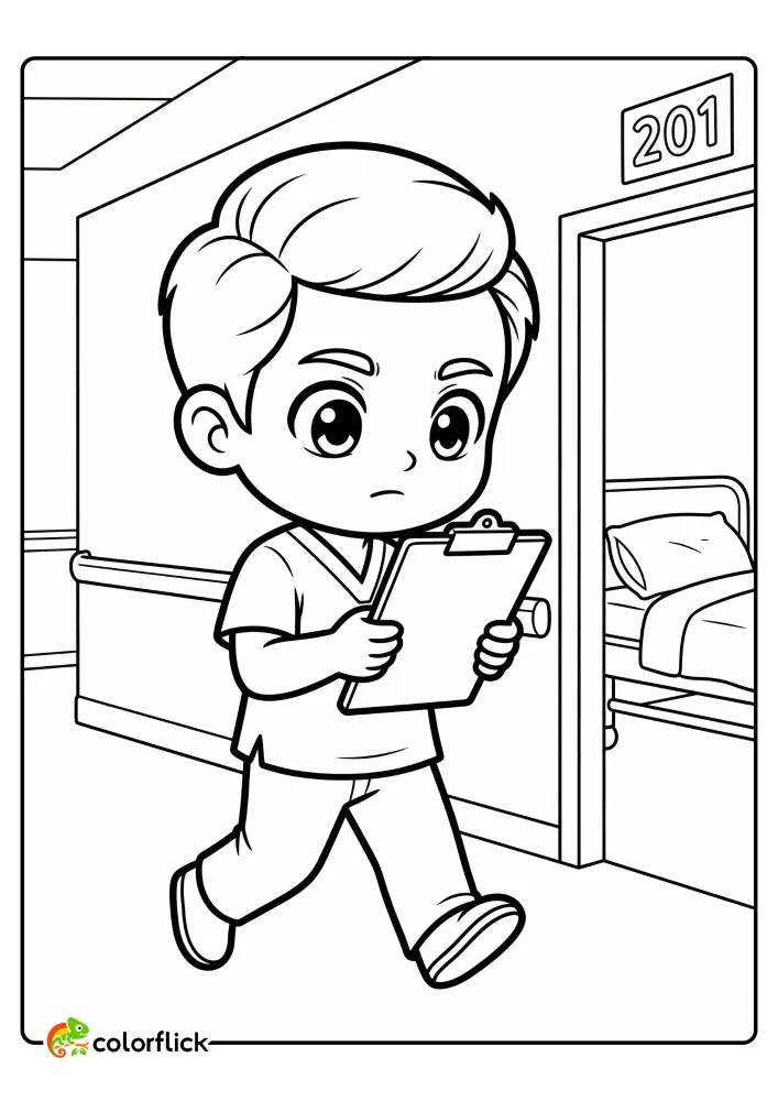 Focused male doctor in scrubs walking and checking a clipboard in a hospital hallway, free printable coloring sheet for kids.