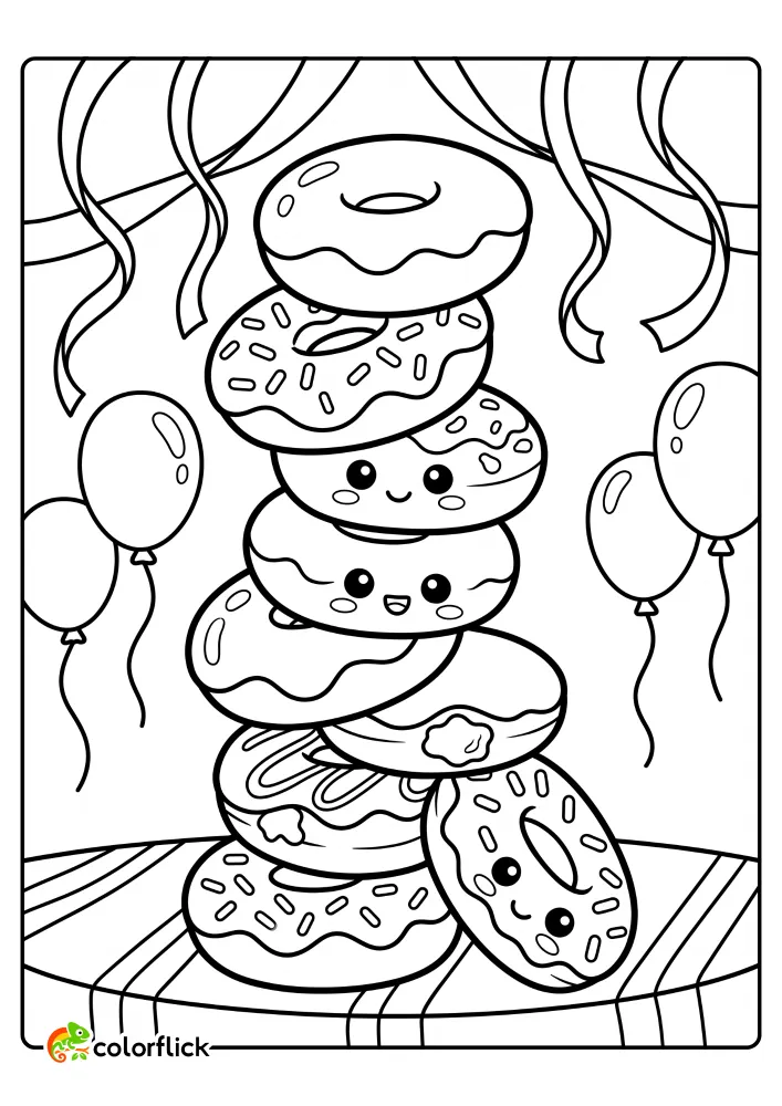 Cute printable donut tower coloring page for kids, featuring stacked chibi donuts with happy faces, balloons, and party streamers.