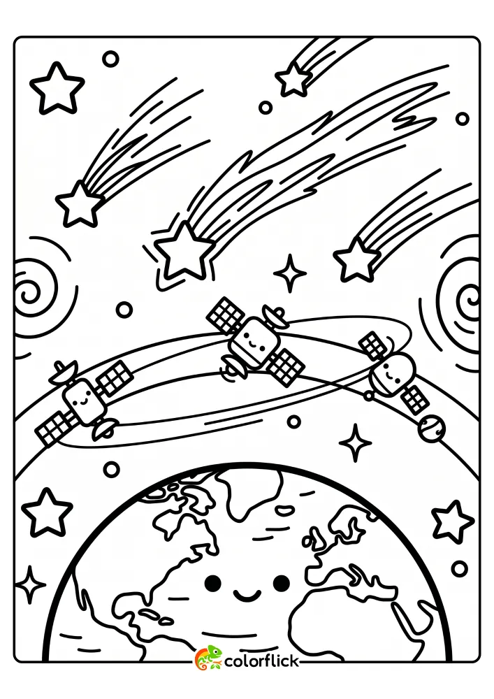 An easy printable coloring page for kids featuring a stylized Earth planet orbited by satellites, with large shooting stars with trail lines across the outer space background.