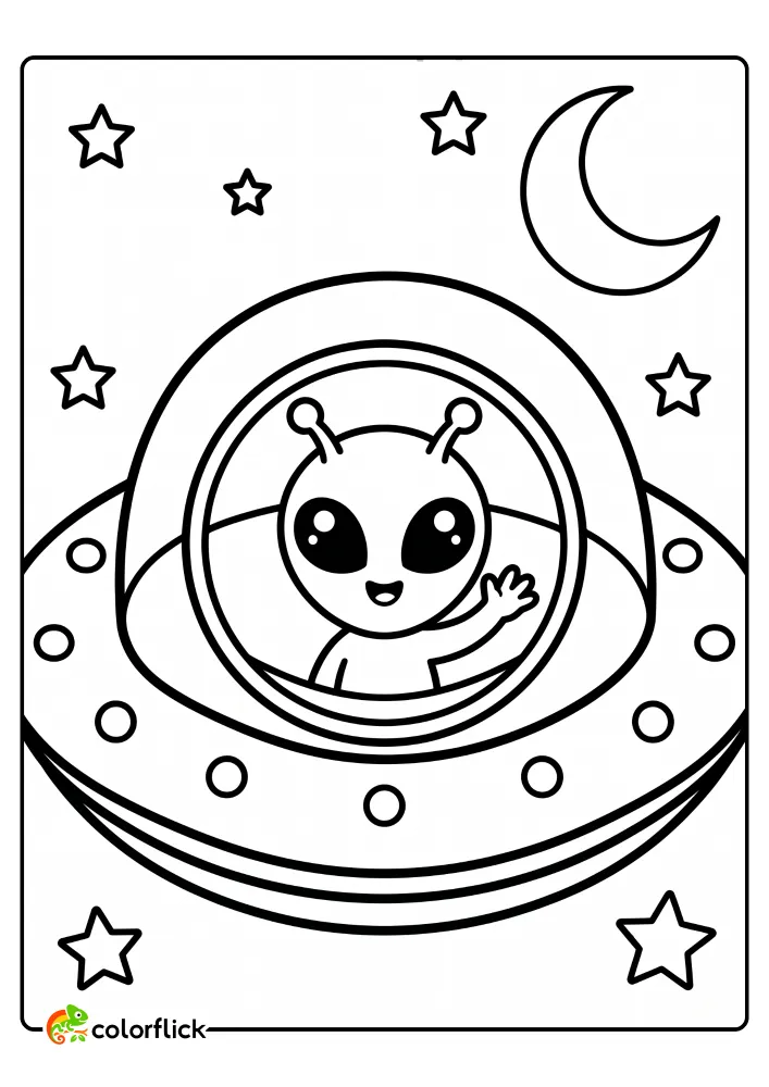 A friendly alien waving from a circular flying saucer in the starry night sky with a crescent moon, a printable coloring page for kids.