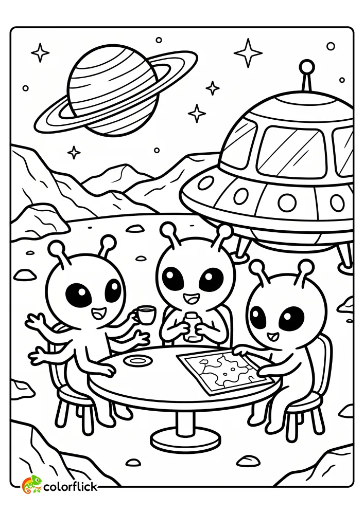 Three cute alien friends are having a space picnic with a cup and drinks around a table on a rocky planet next to a large flying saucer, with a ringed planet and stars in the background, a printable coloring page for kids.