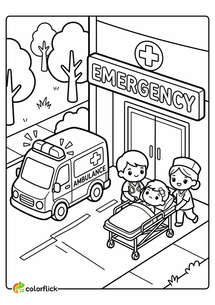 Cute doctors wheeling a patient on a gurney to a hospital emergency entrance with an ambulance printable coloring page for kids.