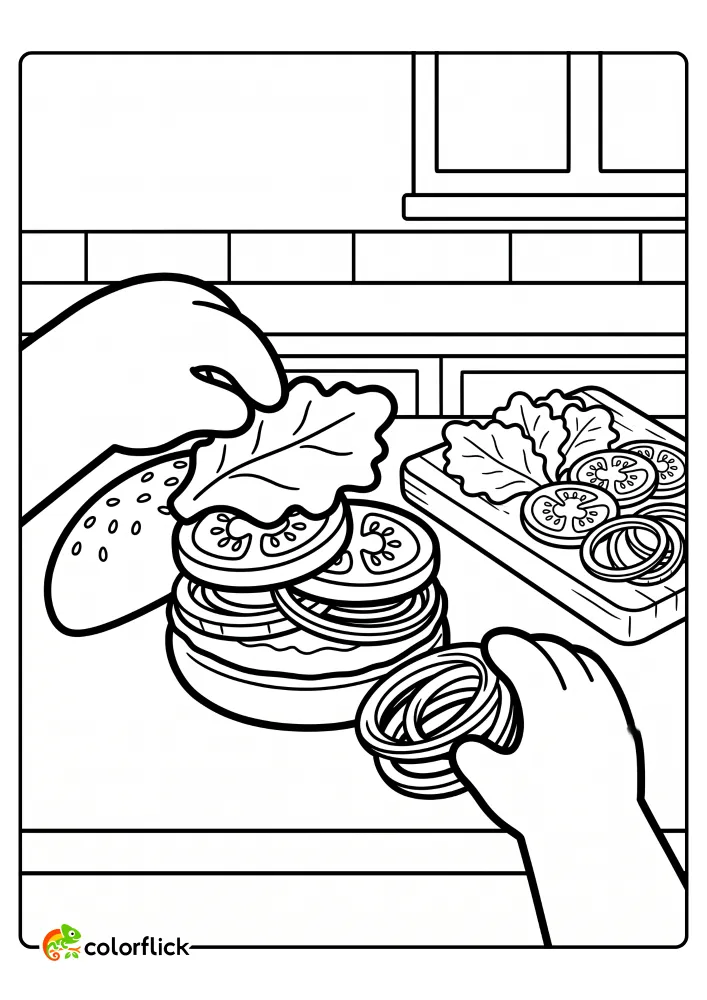 Cute hands carefully layer lettuce, tomatoes, and onion rings to build a hamburger on a sesame bun in a kitchen, a printable coloring page for kids.