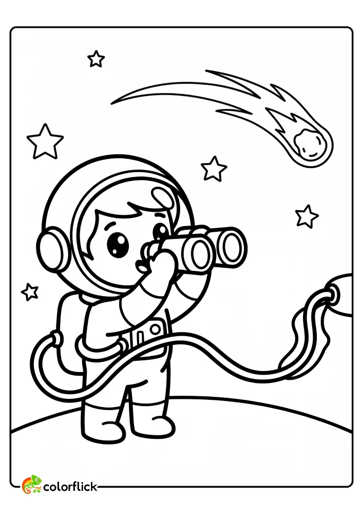 A free printable coloring sheet featuring a cute chibi astronaut standing on the moon and using binoculars to view a large comet with a long tail in space.