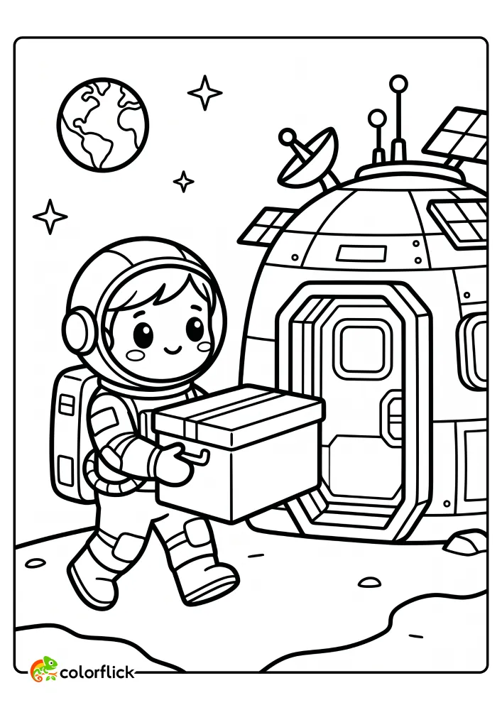 A free printable coloring sheet featuring a cute astronaut carrying a large storage box toward a space habitation module on a planet's surface with Earth in the distance.