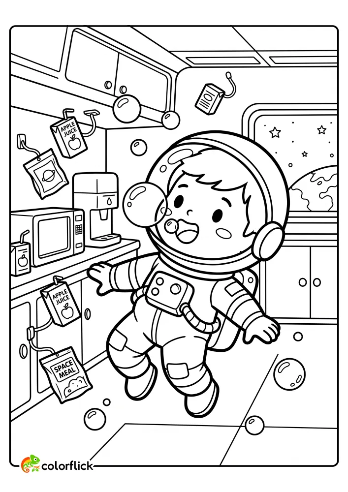 A free printable coloring sheet featuring a playful astronaut in a spaceship galley floating in zero gravity and trying to catch water bubbles in their mouth.
