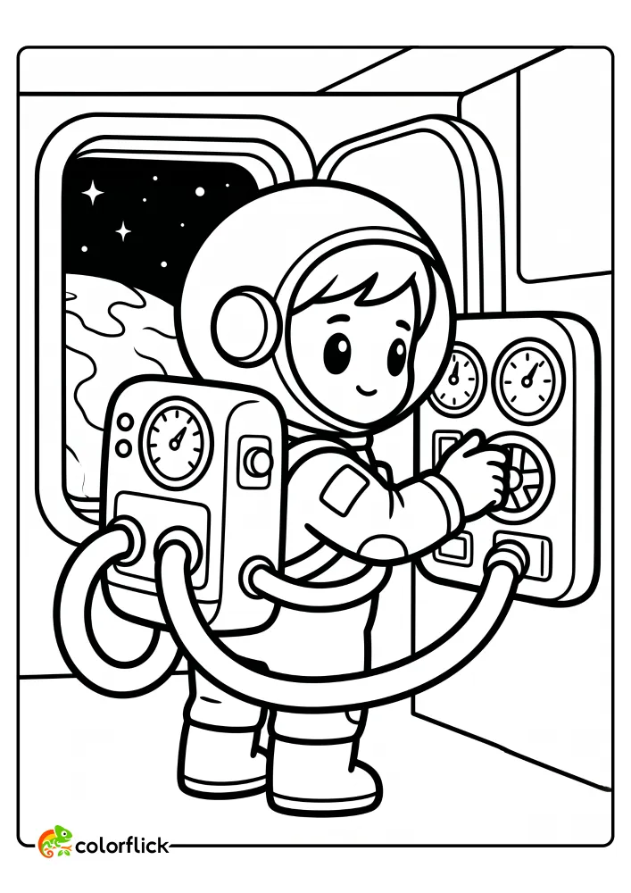 A cheerful astronaut checking the dials and gauges on their life-support backpack before a spacewalk in this free printable coloring sheet.