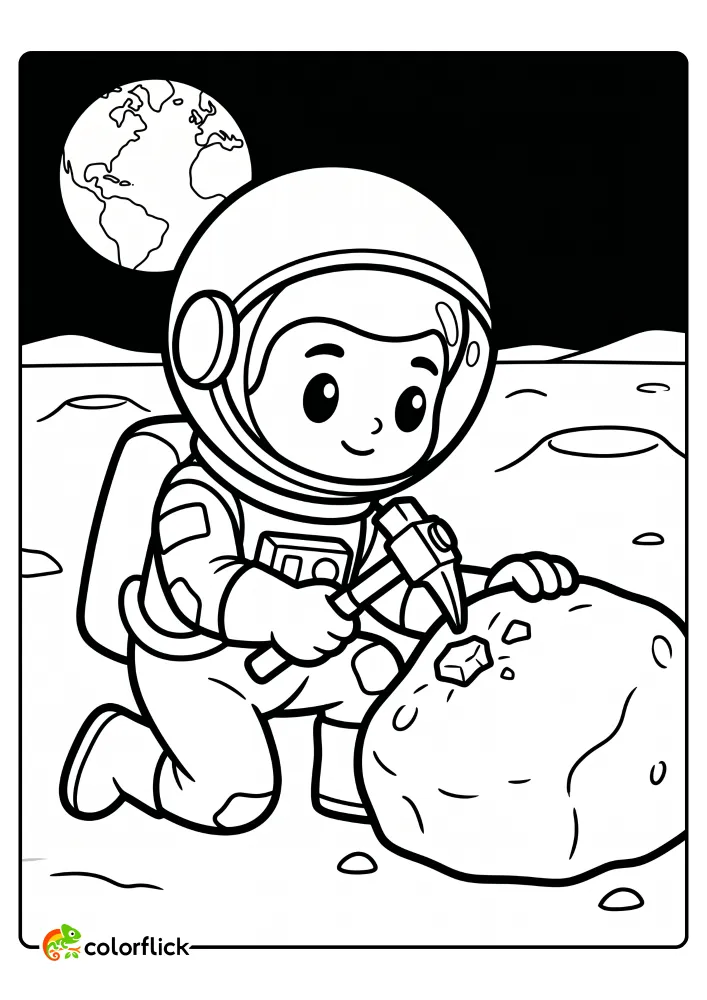 A free printable coloring sheet showing a cute chibi astronaut kneeling on the lunar surface and using a specialized hammer to collect a rock sample from a large moon boulder, with the Earth in the background.
