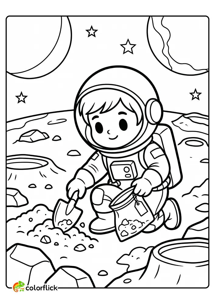 A free printable coloring sheet featuring a young astronaut kneeling on a cratered planet, using a small shovel to collect space rocks into a specimen bag.