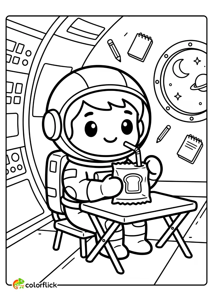 A free printable coloring sheet featuring a cute astronaut sitting at a folding table inside a space station and drinking from a space food packet with a straw.