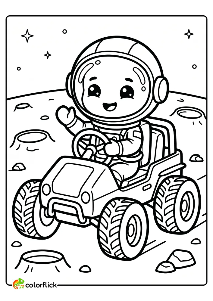 A cute astronaut driving a lunar rover with large wheels over moon craters in this free printable coloring sheet.