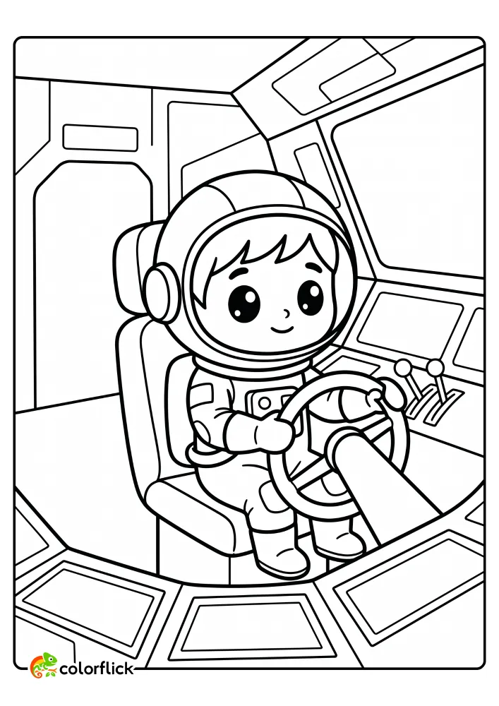A free printable coloring sheet featuring a cute astronaut sitting in a spaceship cockpit and holding a steering wheel while looking at control screens.
