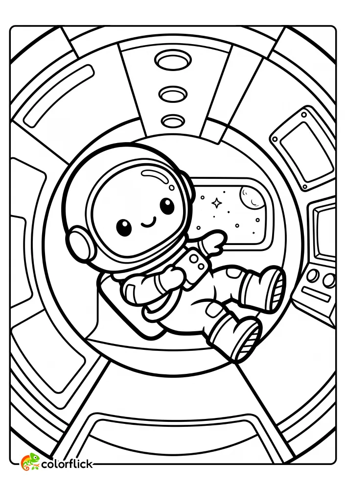 A cute astronaut floating and pushing off the walls inside a circular space station hallway in this free printable coloring sheet.