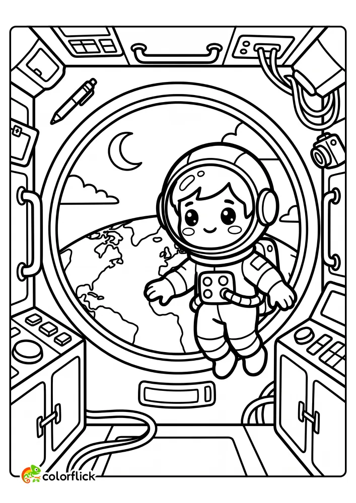 A cute astronaut floating inside a space station cabin while looking through a large circular window at the planet Earth, printable coloring page for kids.