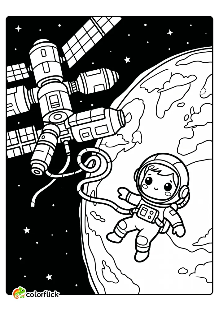 A cute astronaut floating in zero gravity next to a large space station with a safety tether and a view of Earth, free printable coloring sheet.