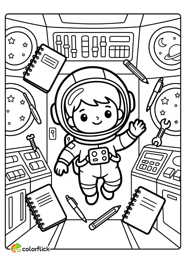 A free printable coloring sheet featuring a cute astronaut floating in a spaceship cabin surrounded by floating pens, notebooks, and control panels.