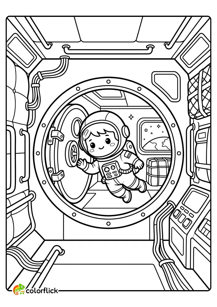 A cute chibi astronaut floating through a round hatch doorway between space station modules with a view of Earth in this printable coloring page for kids.