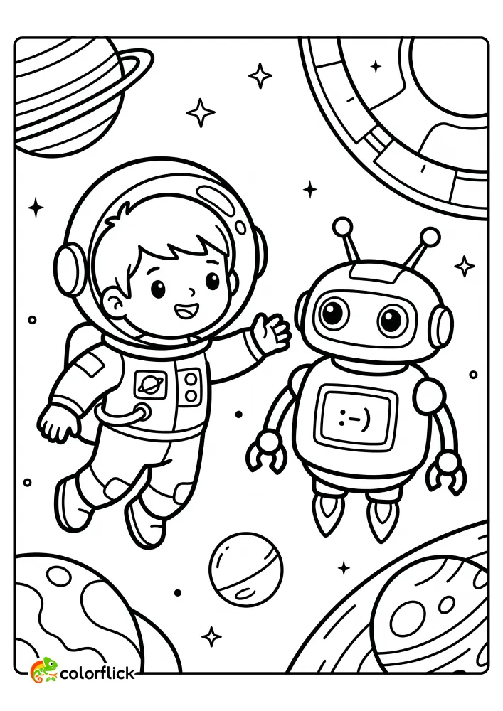 A cheerful astronaut floating next to a friendly robot with a screen among planets and stars in this free printable coloring sheet.