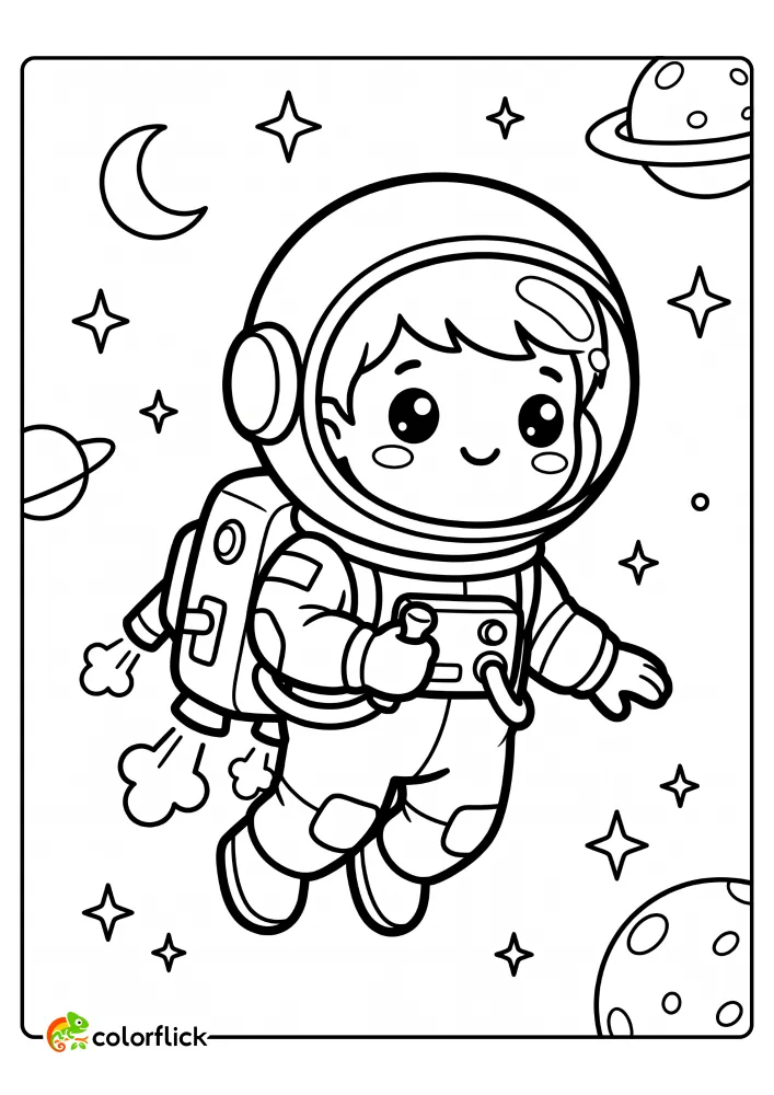 A smiling astronaut flying through space using a jetpack surrounded by stars and planets in this free printable coloring sheet.