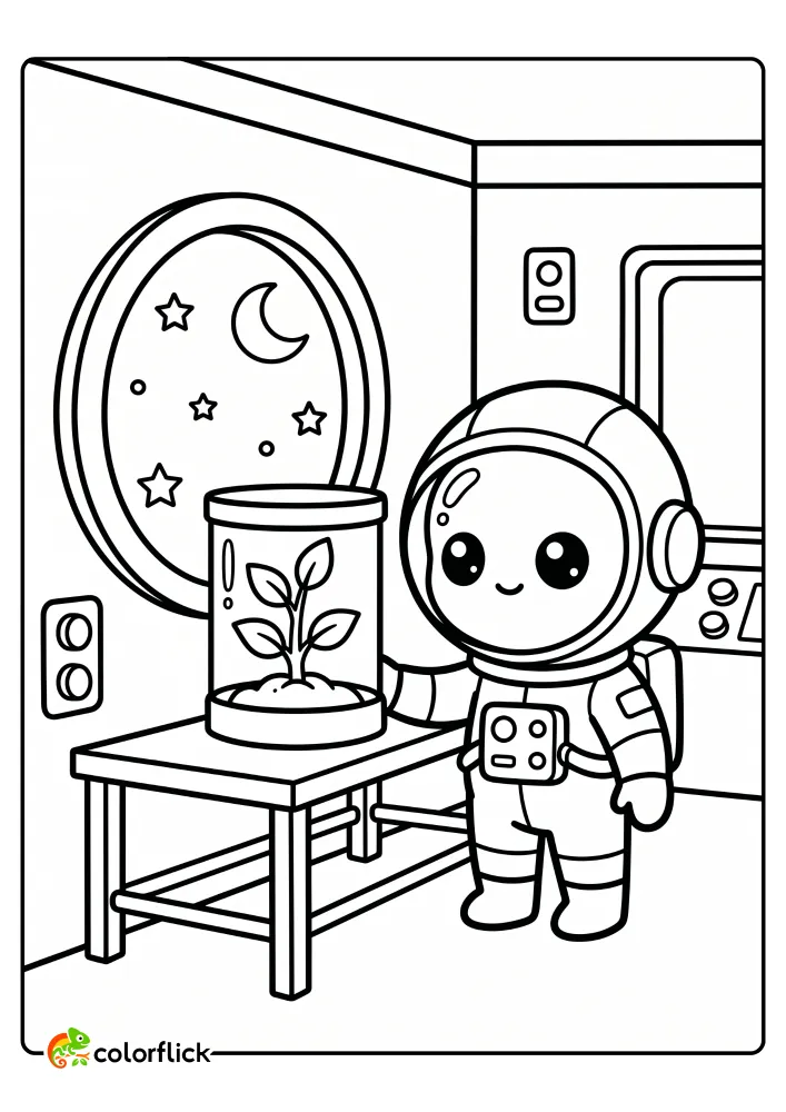 A cute chibi astronaut inside a spaceship laboratory happily watching a small plant grow in a glass jar, with a round window showing stars and a crescent moon in the background, making a fun printable coloring page for kids.