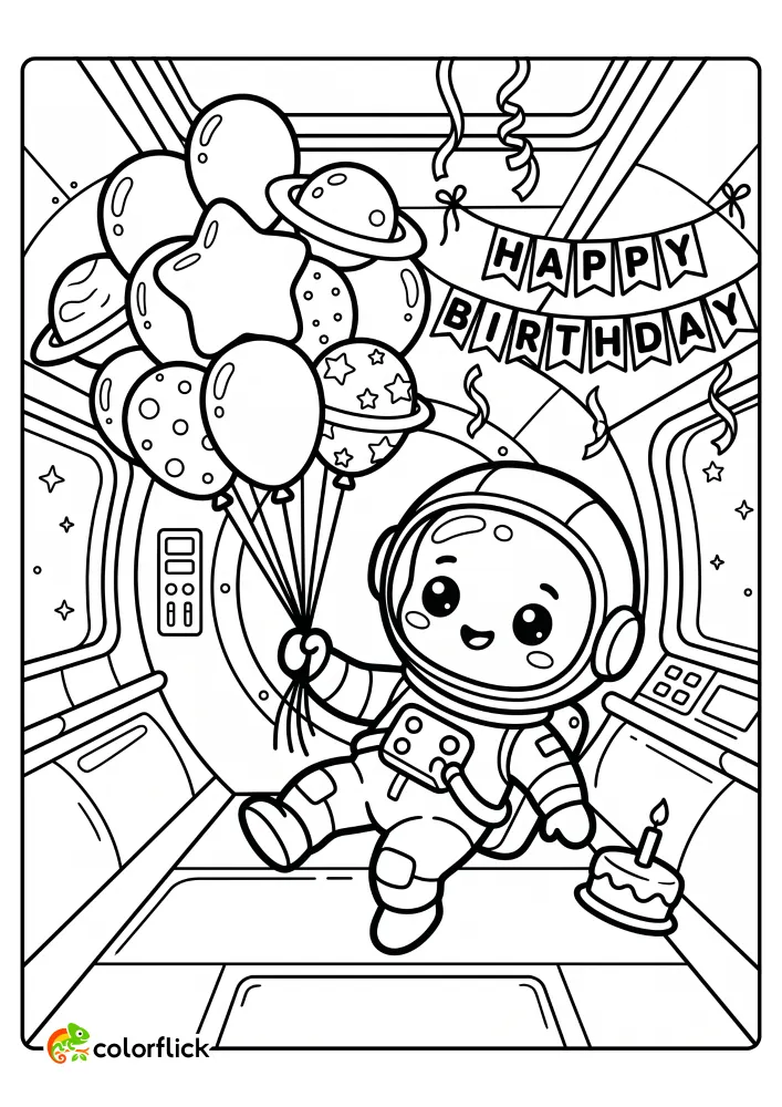 A cute astronaut floating inside a space station module holding a large bunch of balloons next to a 'Happy Birthday' banner and a small cake in this free printable coloring sheet for kids.