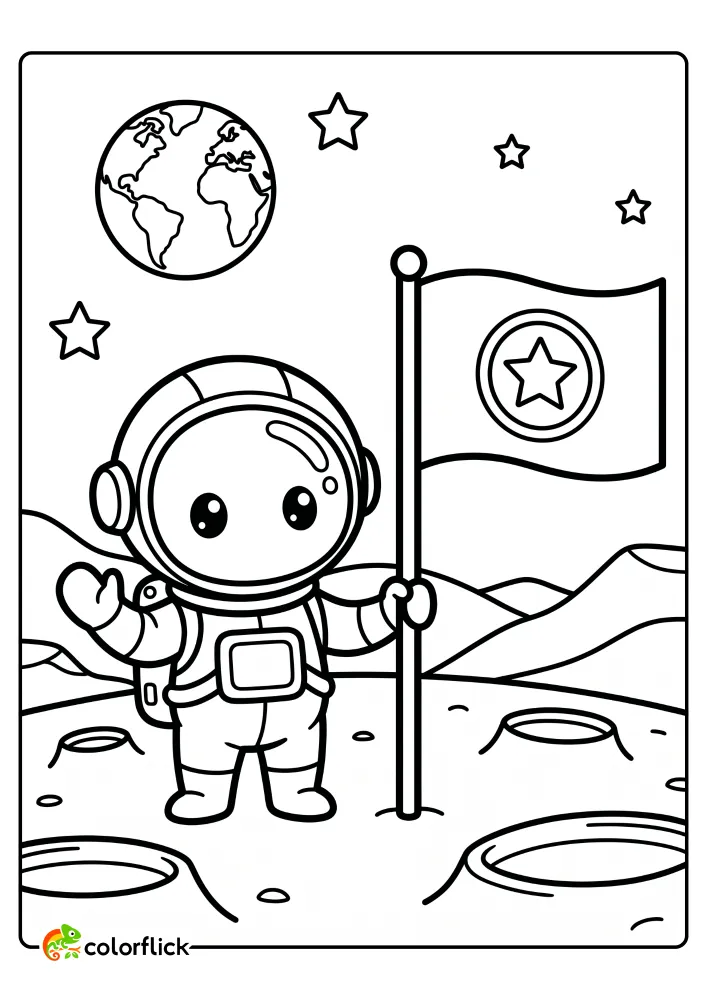 A free printable coloring sheet for kids featuring a cute astronaut standing next to a star flag on the moon's surface with Earth in the sky.