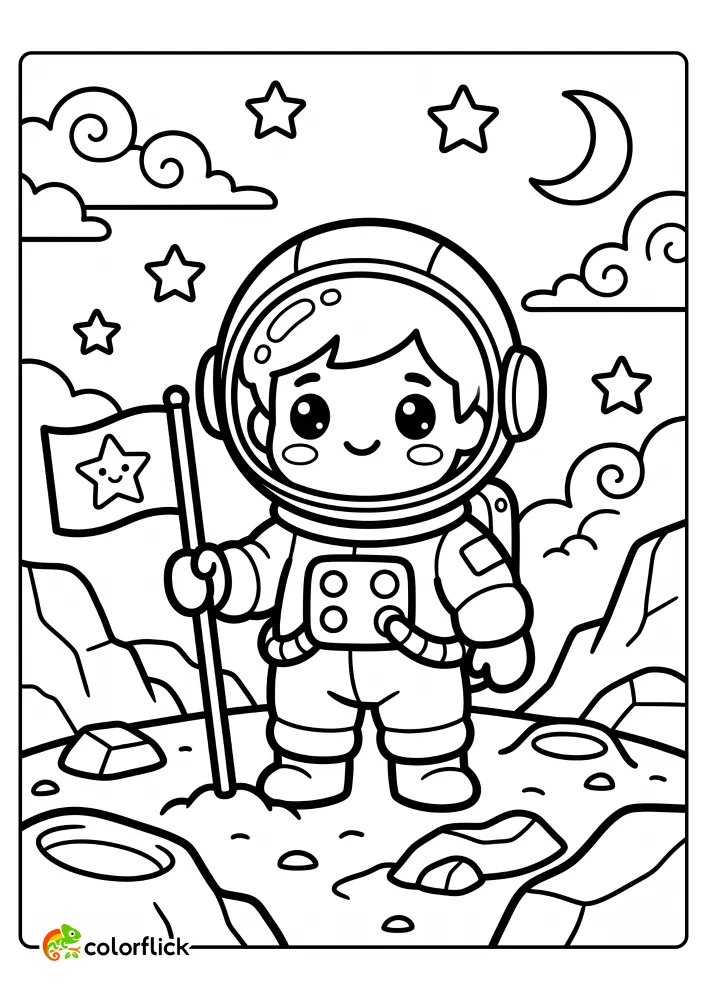 A cute young astronaut holding a star flag while standing on a rocky planet surface with stars and a moon, printable coloring page for kids.