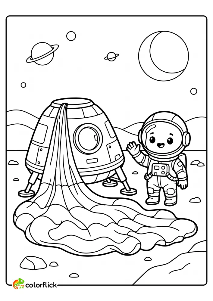 A free printable coloring sheet featuring a cute chibi astronaut waving hello next to a round landing capsule and a large wavy parachute on a planet's surface.