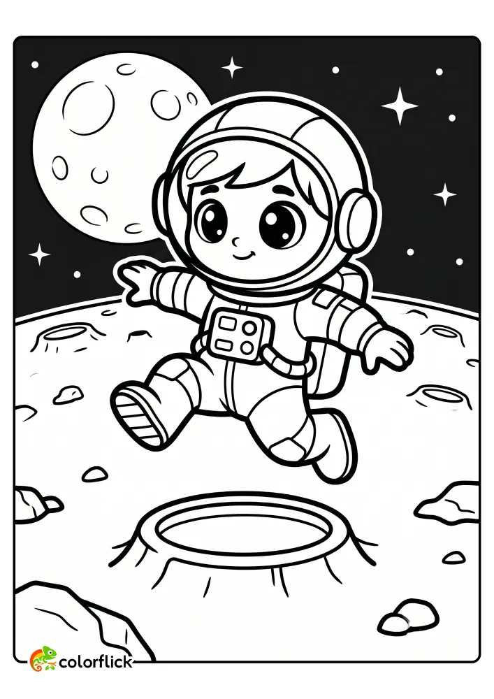 A cute boy astronaut in a spacesuit making a large, low-gravity leap over a moon crater with the Earth visible in the starry background. This is a free printable coloring sheet for children.
