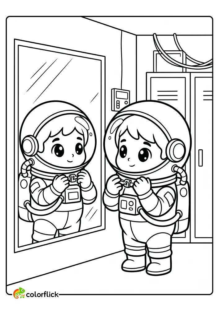 An astronaut standing in front of a mirror carefully locking their helmet onto their spacesuit in this free printable coloring sheet.