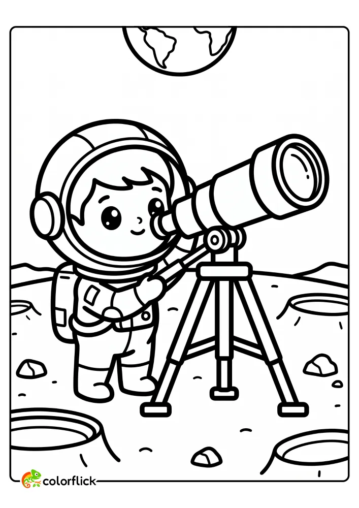A free printable coloring sheet featuring a cute astronaut standing on the moon's cratered surface and looking through a large telescope mounted on a tripod.