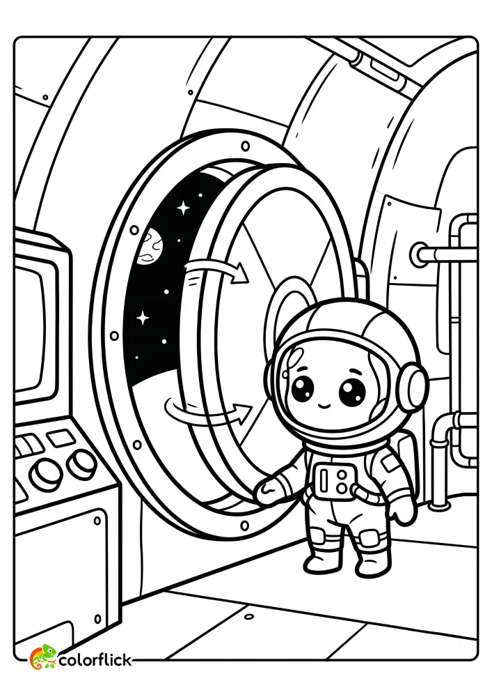 A free printable coloring sheet for kids showing a cute astronaut inside a space station waving as a large, round airlock door rotates to open, revealing Earth and stars.