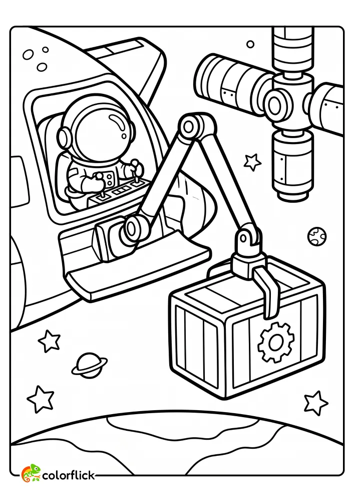 A cute astronaut using a long robotic arm to move a cargo container from a shuttle to a space station above Earth in this printable coloring page for kids.