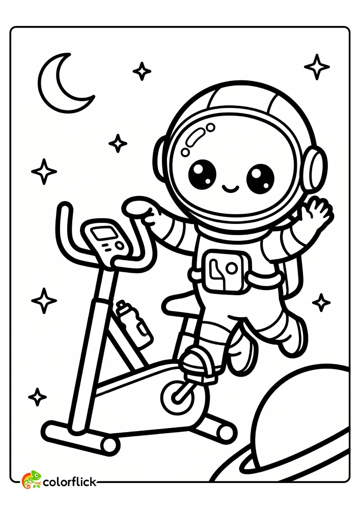 A cute astronaut pedaling a stationary exercise bike while waving in outer space in this free printable coloring sheet.