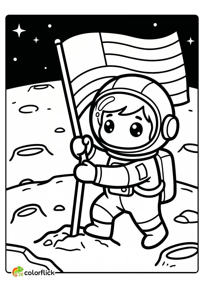 A young astronaut planting a striped flag on the moon's cratered surface in this free printable coloring sheet.