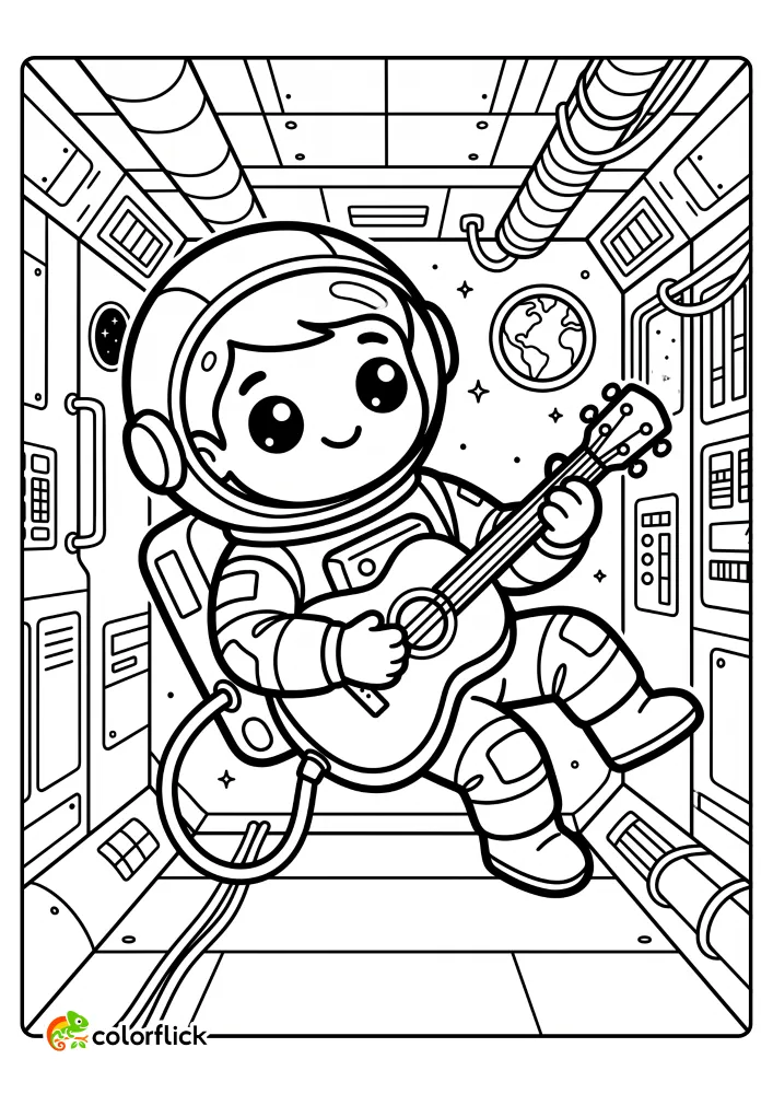 A free printable coloring sheet featuring a cute Chibi astronaut floating in zero gravity and happily playing an acoustic guitar inside a space station cockpit, perfect for kids.